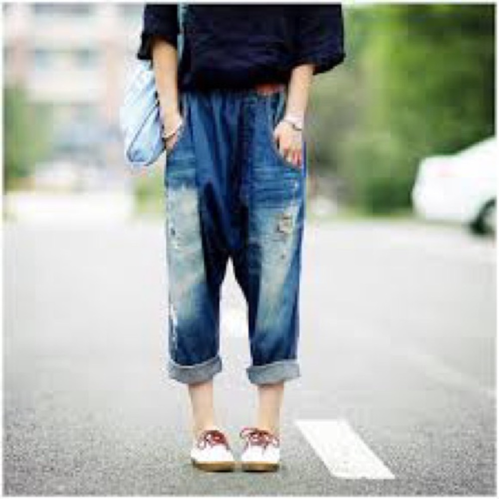 NWT Buddha Trends Baggy Boyfriend Ripped Harem Jeans in Dark Blue (One Size)